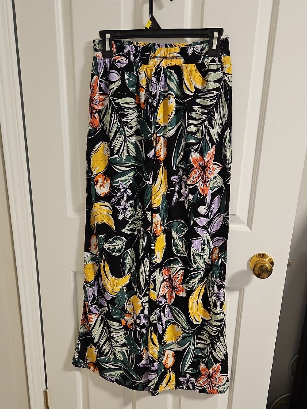 Cuddl Duds Black Wide Leg Pant with Yellow, Green & Purple Floral Print